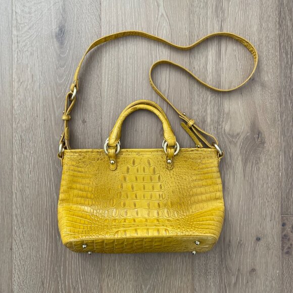 Vintage Brahmin Handbag Purse Crossbody Yellow Mini Arlo Leather Croc Gold - Picture 5 of 14